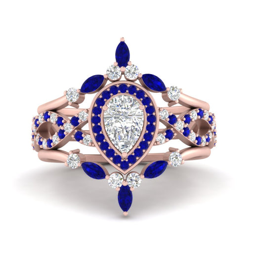 Twisted Pear Halo Wedding Ring Set