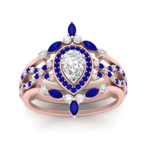 Twisted Pear Halo Wedding Ring Set