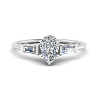 Pear Shaped Lab Made Baguette Side Stone Engagement Ring