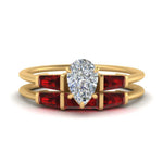 Load image into Gallery viewer, pear-shaped-bar-set-ruby-ring-with-matching-3-baguette-wedding-band-in-FDENS100PEGRUDR-NL-YG
