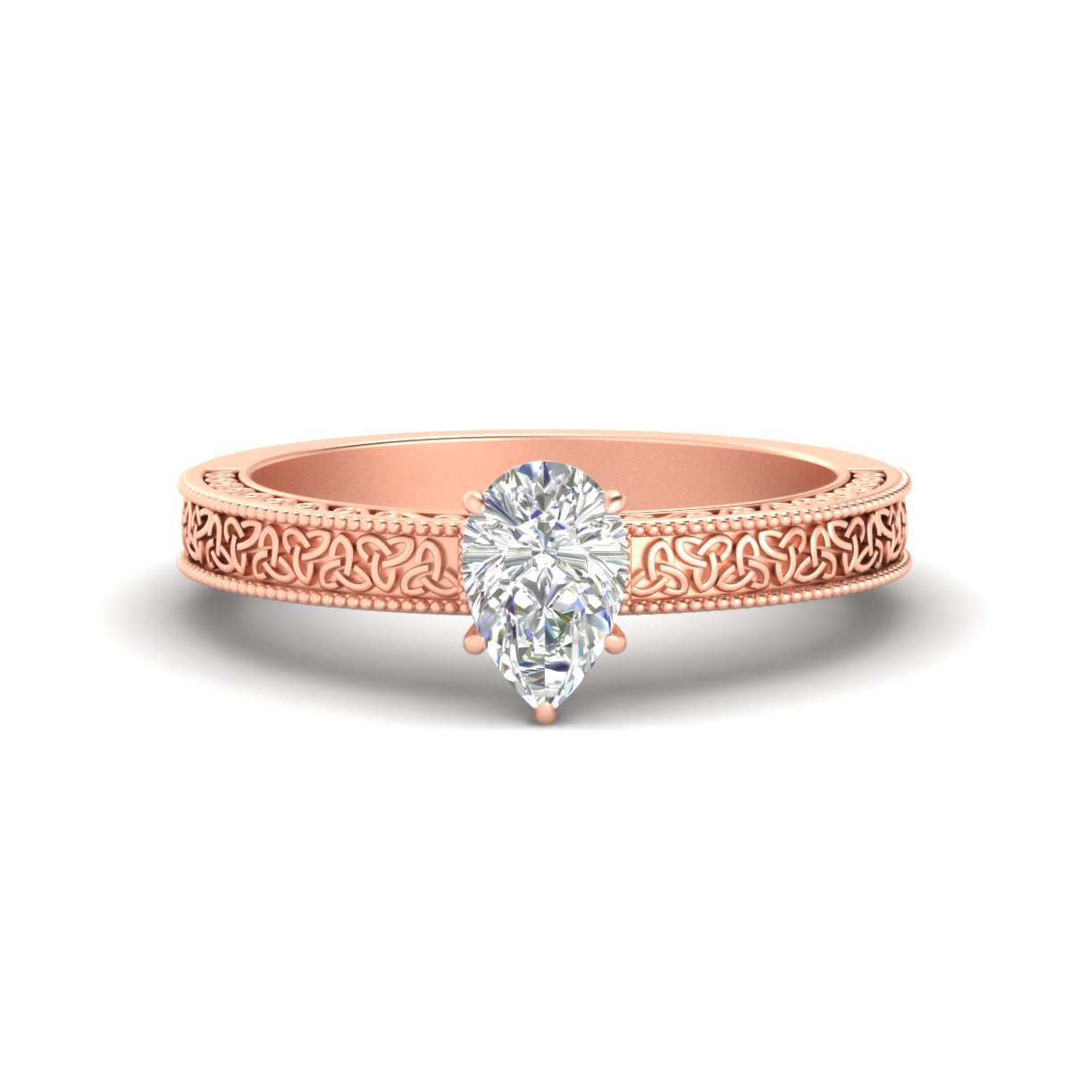 Pear Shaped Celtic Engraved Solitaire Engagement Ring