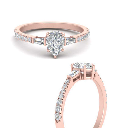 Pear Shape Lab Diamond Ring with Baguette Side Stones