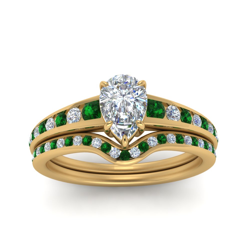 pear-shaped-graduated-channel-diamond-wedding-set-with-emerald-in-FD122866PEGEMGR-NL-YG