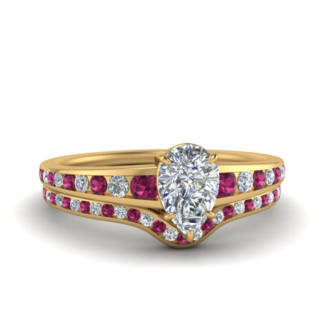 pear-shaped-graduated-channel-diamond-wedding-set-with-pink-sapphire-in-FD122866PEGSADRPI-NL-YG