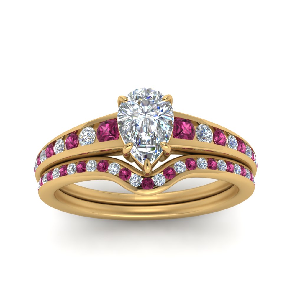 pear-shaped-graduated-channel-diamond-wedding-set-with-pink-sapphire-in-FD122866PEGSADRPI-NL-YG