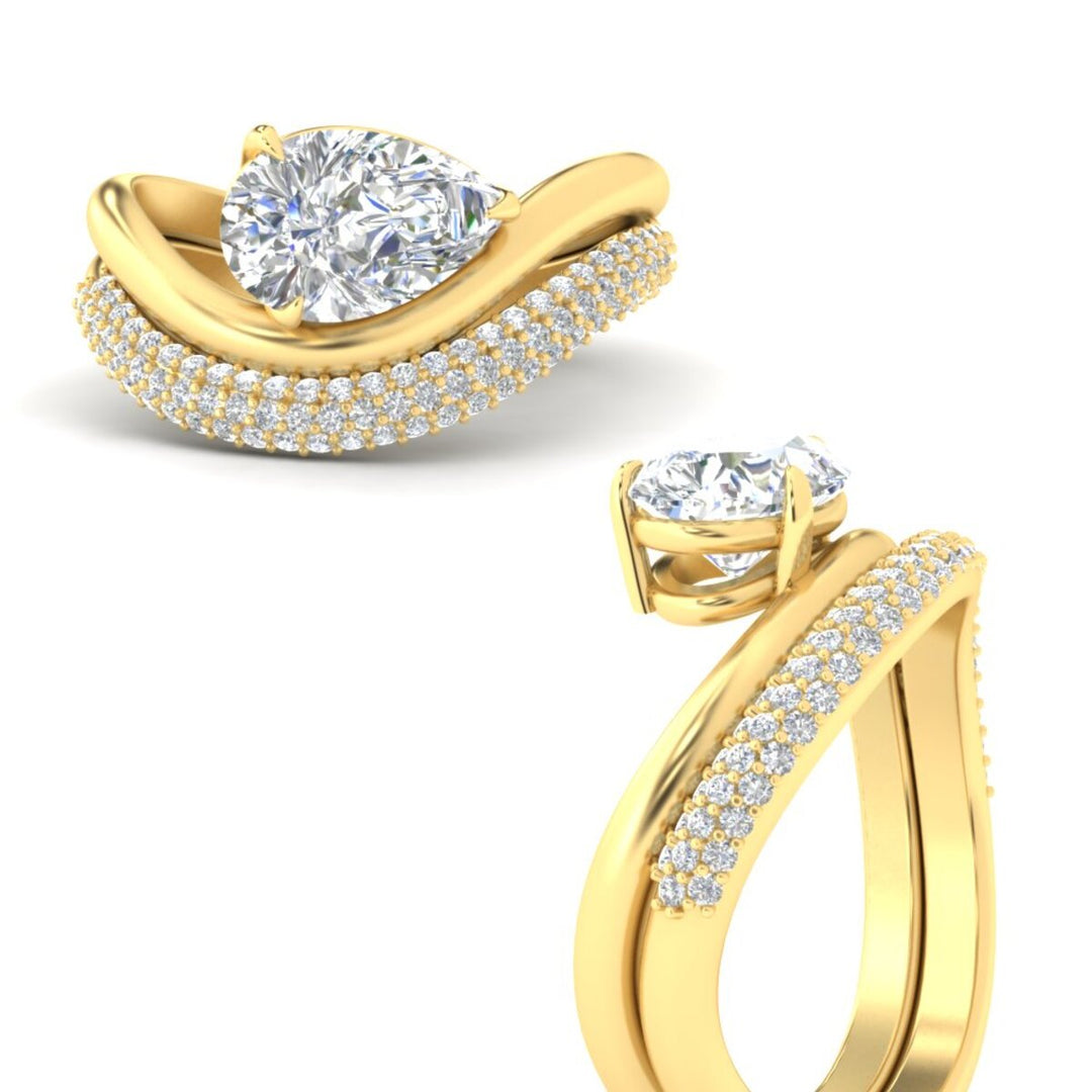 Pear Shaped Pave Band with Wave Solitaire Ring