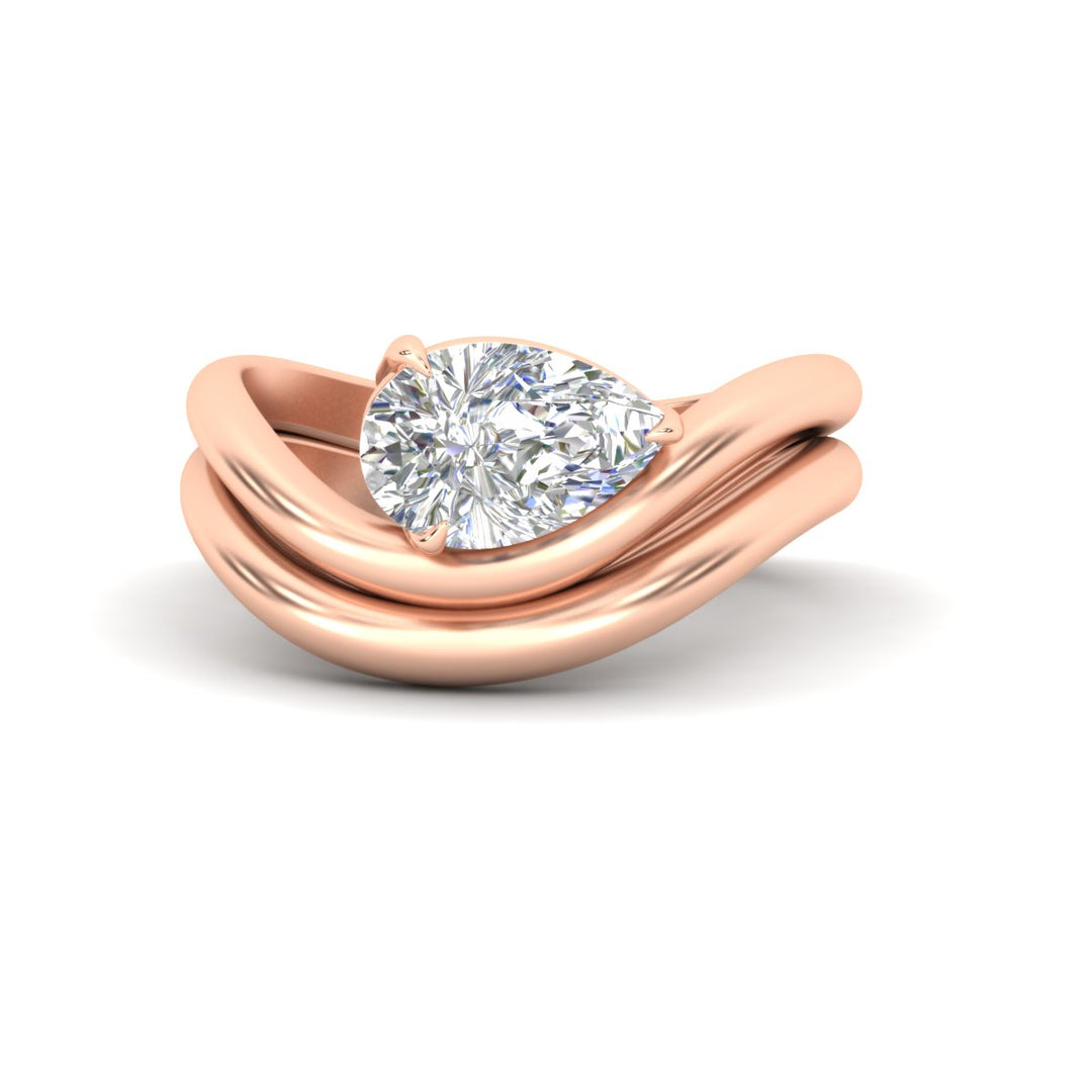 Pear Shaped Wave Solitaire Wedding Band Set