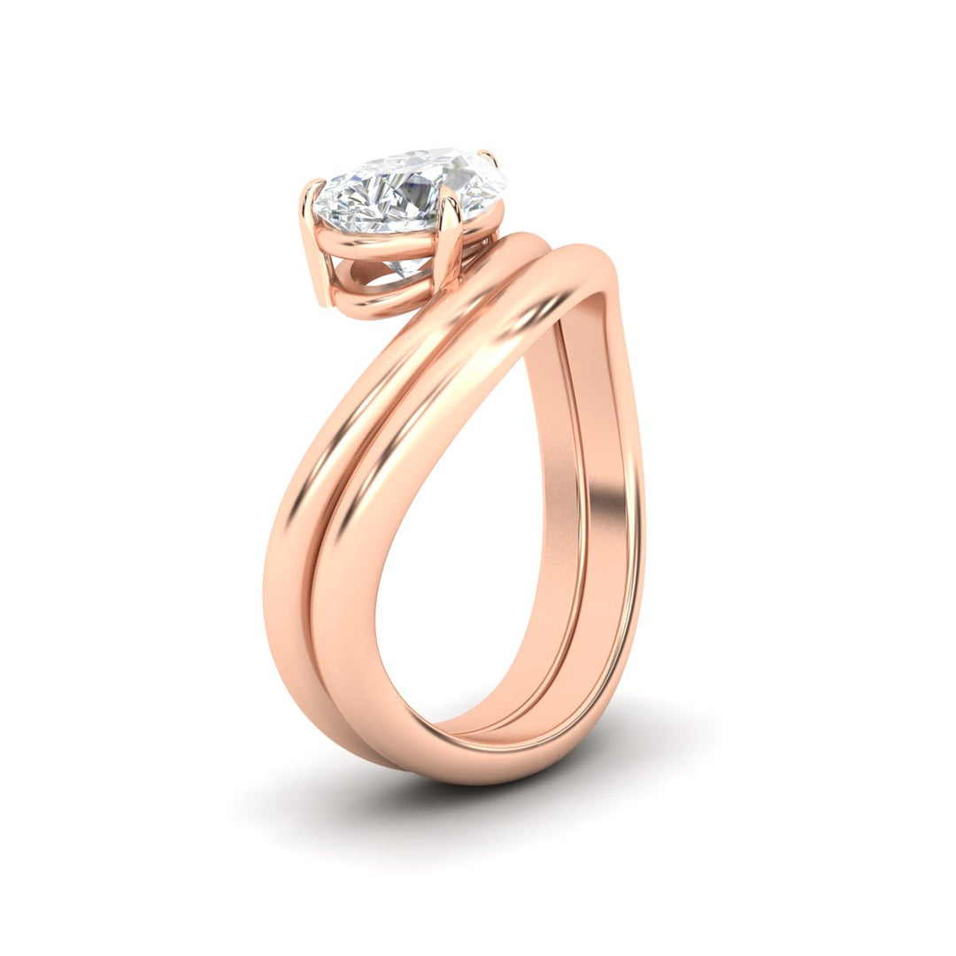 Pear Shaped Wave Solitaire Wedding Band Set