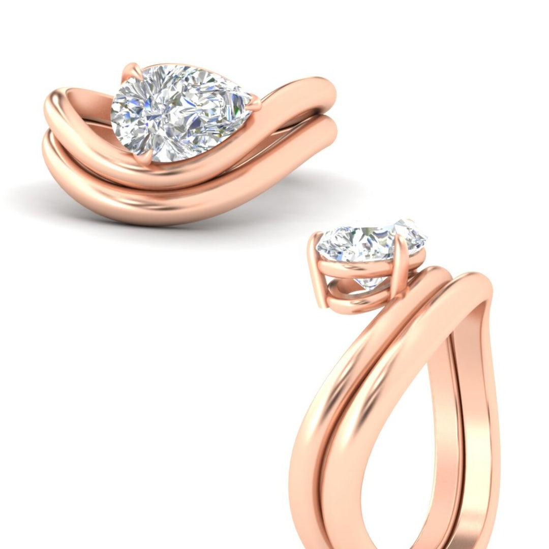 Pear Shaped Wave Solitaire Wedding Band Set