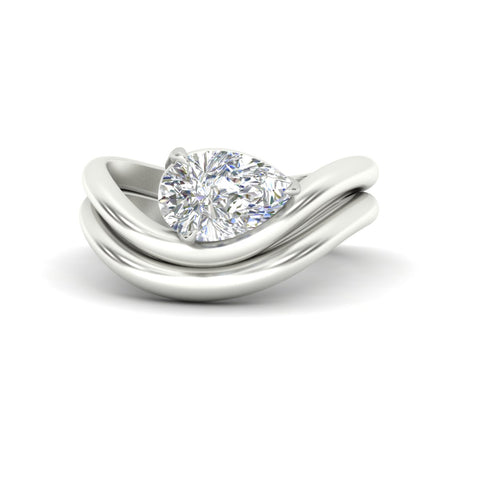 Pear Shaped Wave Solitaire Wedding Band Set