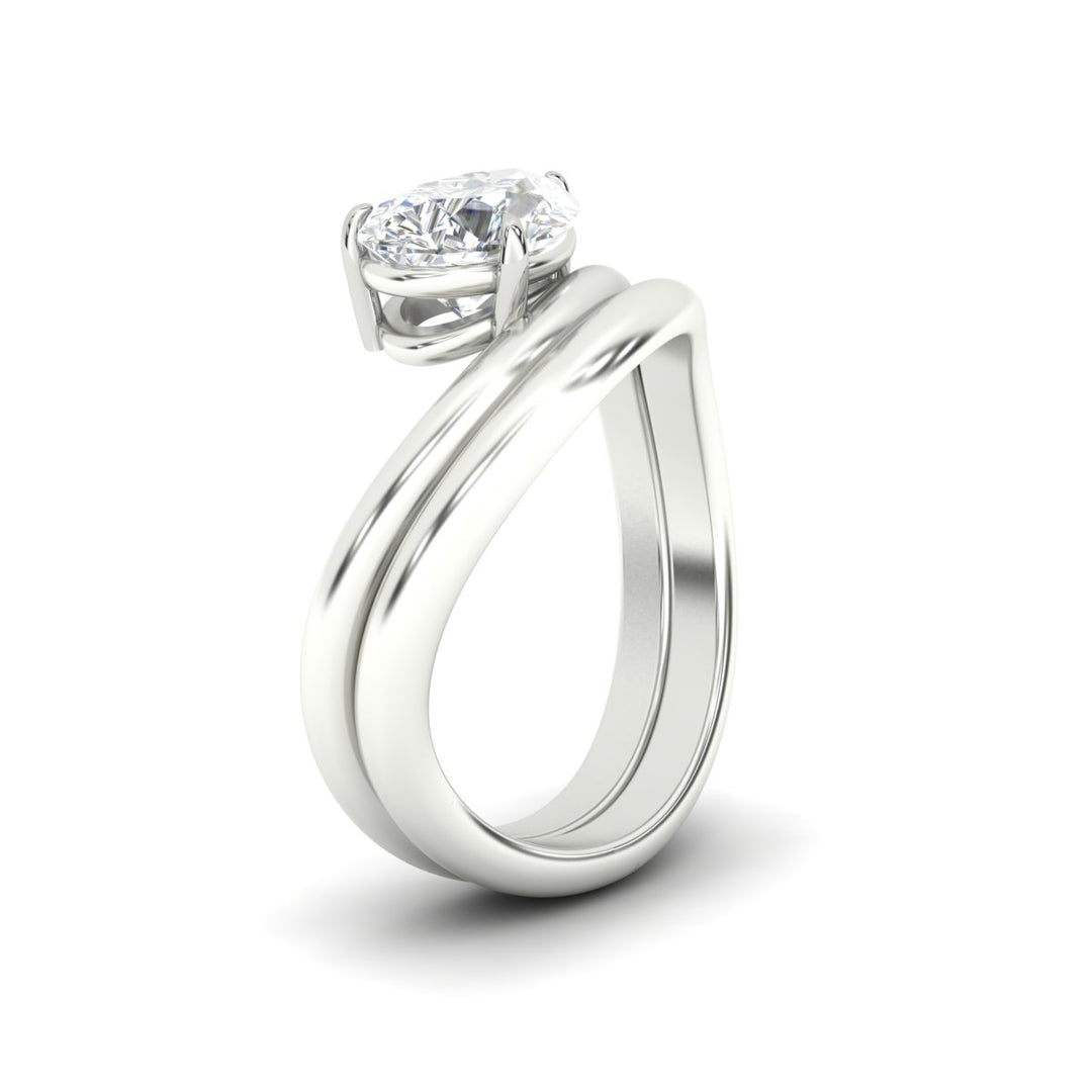 Pear Shaped Wave Solitaire Wedding Band Set