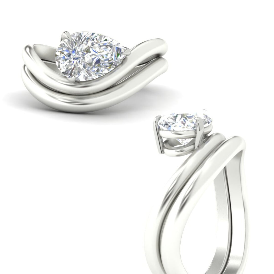 Pear Shaped Wave Solitaire Wedding Band Set