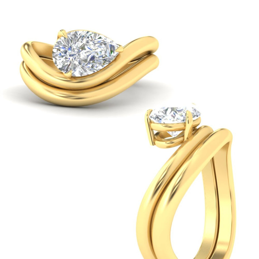 Pear Shaped Wave Solitaire Wedding Band Set