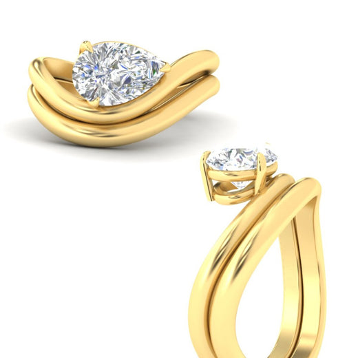 Pear Shaped Wave Solitaire Wedding Band Set