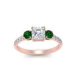 Load image into Gallery viewer, petite-micropave-asscher-cut-three-stone-diamond-engagement-ring-with-emerald-in-rose-gold-FD9383ASRGEMGR-NL-RG
