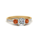 Load image into Gallery viewer, petite-micropave-asscher-cut-three-stone-diamond-engagement-ring-with-orange-sapphire-in-yellow-gold-FD9383ASRGSAOR-NL-YG
