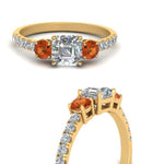 Load image into Gallery viewer, petite-micropave-asscher-cut-three-stone-diamond-engagement-ring-with-orange-sapphire-in-yellow-gold-FD9383ASRGSAOR-NL-YG
