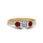 Load image into Gallery viewer, petite-micropave-asscher-cut-three-stone-diamond-engagement-ring-with-ruby-in-yellow-gold-FD9383ASRGRUDR-NL-YG

