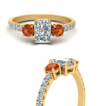 Load image into Gallery viewer, petite-micropave-radiant-cut-three-stone-diamond-engagement-ring-with-orange-sapphire-in-yellow-gold-FD9383RARGSAOR-NL-YG
