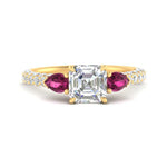Load image into Gallery viewer, pink-sapphire-pear-accented-3-row-asscher-cut-engagement-ring-in-yellow-gold-FD9982ASRGSADRPIANGLE3-NL-YG
