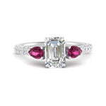 Load image into Gallery viewer, pink-sapphire-pear-accented-3-row-emerald-cut-engagement-ring-in-white-gold-FD9982EMRGSADRPIANGLE3-NL-WG
