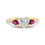 Load image into Gallery viewer, pink-sapphire-pear-accented-3-row-heart-shaped-engagement-ring-in-yellow-gold-FD9982HTRGSADRPIANGLE3-NL-YG
