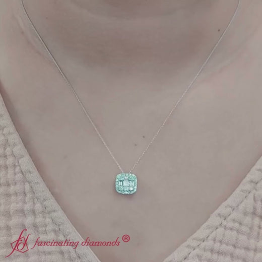 baguette and round emerald diamond pendant in 14k white gold-FDPD10839