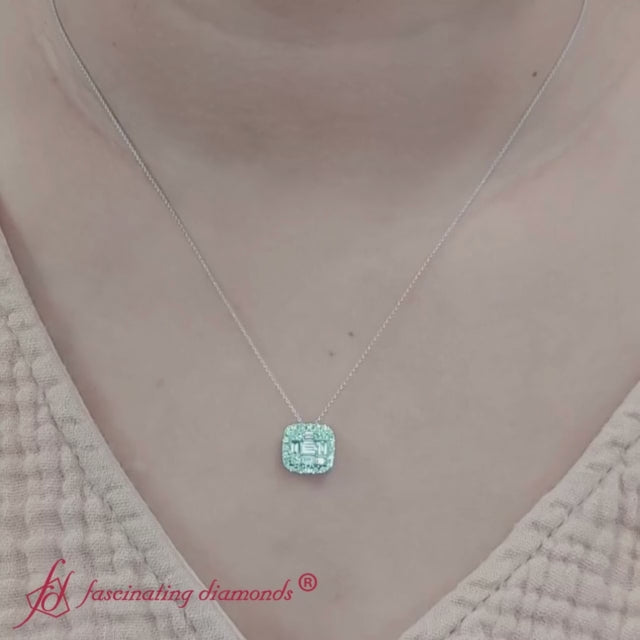 baguette and round emerald diamond pendant in 14k white gold-FDPD10839