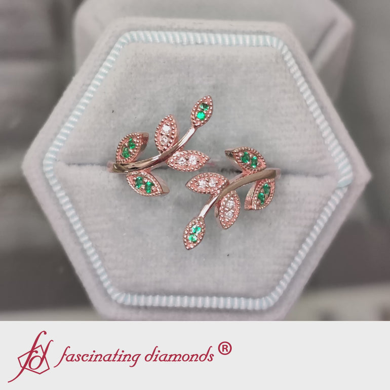 swirl-leaf-promise-diamond-ring-with-emerald-rose-gold-fd8342-video