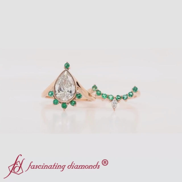 Tiara-Pear-Bezel-Emerald-Lab-Diamond-Wedding-Ring-Set-In-18K-Rose-Gold-FD9670R