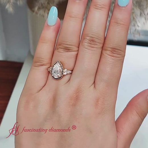 PearShapedHaloClusterAccentLabDiamondEngagementRingWithSapphireIn18kYellowGold