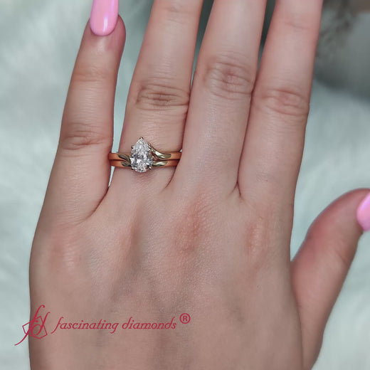 Pear Shaped Lab Diamond Serenity Solitaire Wedding Set In 18K Yellow Gold-FD1020-2000