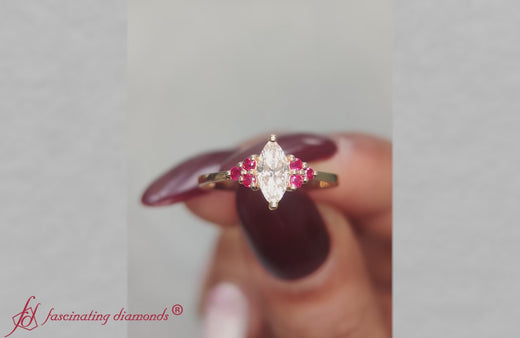 petite cathedral marquise cut diamond engagement ring with ruby in 18k yellow gold-FD9275R