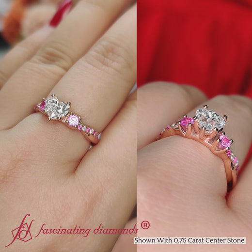 Three Stone Twisted Heart Shaped Vine Diamond Ring With Pink Sapphire In 14K Rose Gold-FDENS3301R-2000