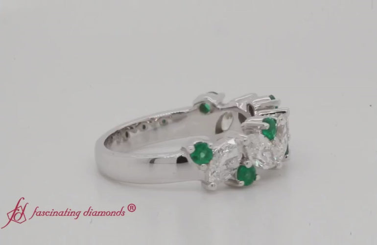 Marquise Diamond Wedding Ring With Emerald In 14K White Gold-FDWB2308