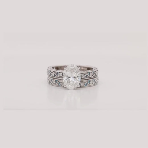 Oval Shaped Antique Lab Diamond Filigree Wedding Set With Blue Topaz In 18k White Gold-FDENS3543-640