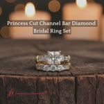 Load and play video in Gallery viewer, princess-cut-channel-bar-diamond-bridal-set-in-yellow-gold-fdens286-model-640

