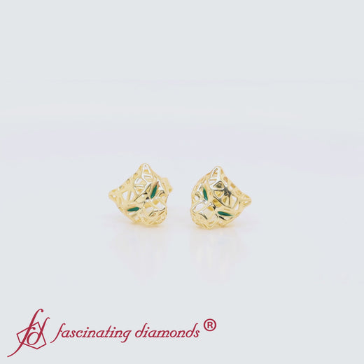 Vintage Green Enamel Accent Panther Earrings-in-yellow-gold-fdrcear11052-fancyvideo-nl-yg