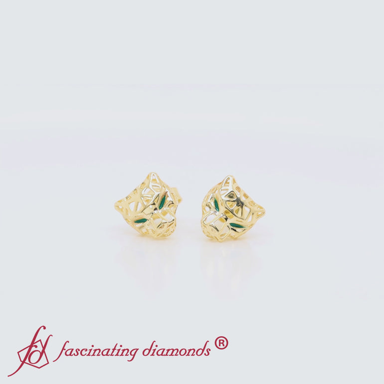 Vintage Green Enamel Accent Panther Earrings