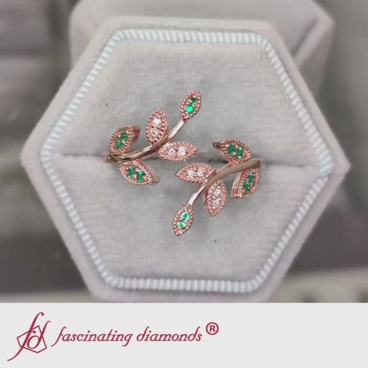 swirl-leaf-promise-diamond-ring-with-emerald-in-14K-rose-gold-FD8342