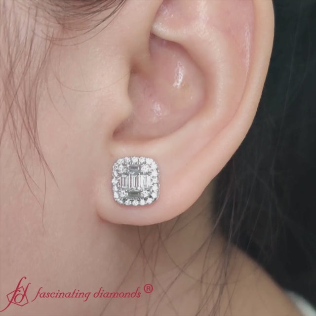 baguette and round emerald diamond studs earring in 14k white gold-FDEAR10838