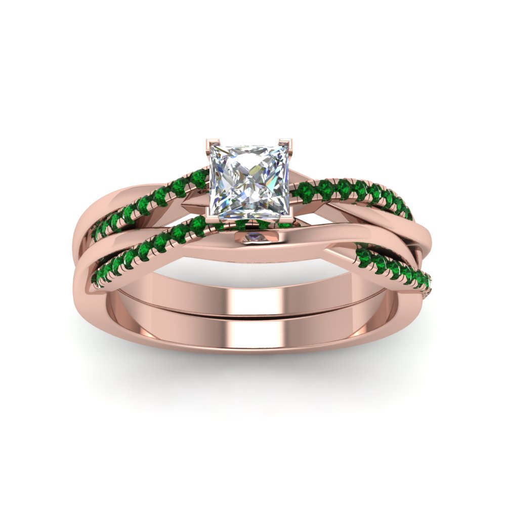 princess-cut-Infinity-twist-diamond-matching-bridal-set-with-emerald-in-14K-rose-gold-FD8253PRGEMGR-NL-RG