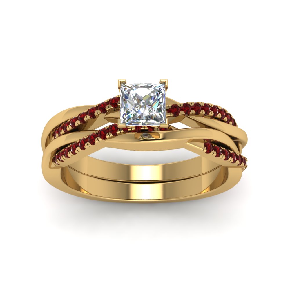 princess-cut-Infinity-twist-diamond-matching-bridal-set-with-ruby-in-14K-yellow-gold-FD8253PRGRUDR-NL-YG
