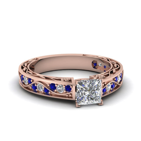 princess-cut-antique-filigree-diamond-ring-with-blue-sapphire-in-14K-rose-gold-FDENS3543PRRGSABL-NL-RG