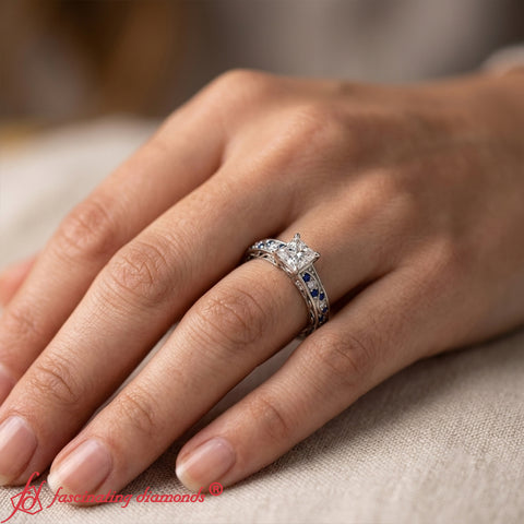 princess-cut-antique-filigree-diamond-ring-with-blue-sapphire-in-14K-white-gold-FDENS3543PR