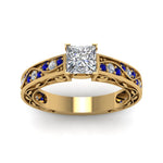Load image into Gallery viewer, princess-cut-antique-filigree-diamond-ring-with-blue-sapphire-in-14K-yellow-gold-FDENS3543PRRGSABLANGLE5-NL-YG
