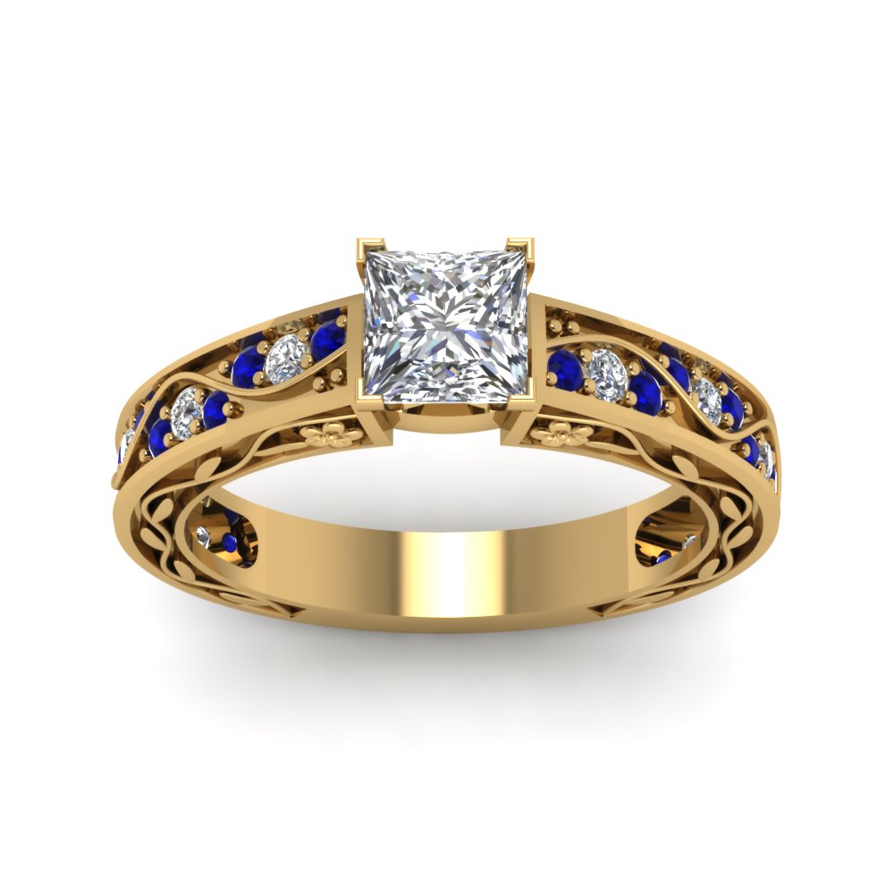 princess-cut-antique-filigree-diamond-ring-with-blue-sapphire-in-14K-yellow-gold-FDENS3543PRRGSABLANGLE5-NL-YG