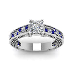 Load image into Gallery viewer, princess-cut-antique-filigree-diamond-ring-with-blue-sapphire-in-950-platinum-FDENS3543PRRGSABLANGLE5-NL-WG
