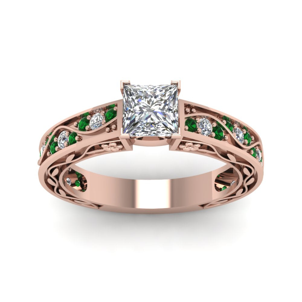 princess-cut-antique-filigree-diamond-ring-with-emerald-in-14K-rose-gold-FDENS3543PRRGEMGRANGLE5-NL-RG