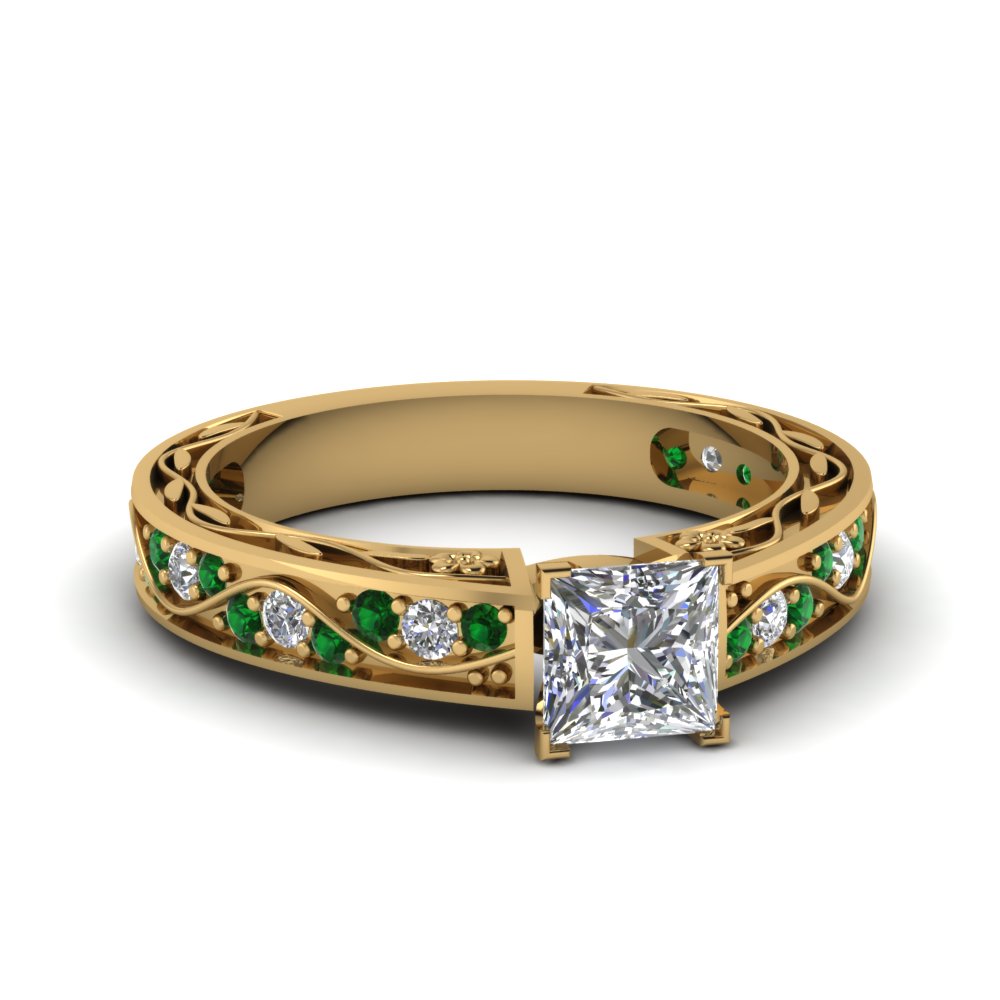princess-cut-antique-filigree-diamond-ring-with-emerald-in-14K-yellow-gold-FDENS3543PRRGEMGR-NL-YG